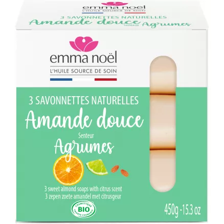 Pack 3 Savonnettes Amande Douce & Agrumes Bio 450 g Emma Noël – savons surgras bio parfumés aux agrumes frais.