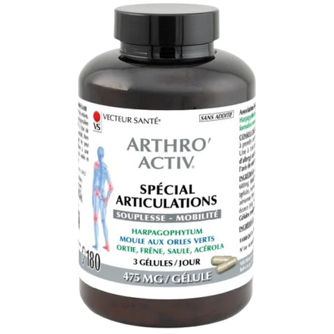 Arthro'Activ de Vecteur Santé, en pilulier de 180 gélules, associant harpagophytum, moule aux orles verts de Nouvelle-Zélande, acérola, ortie, frêne et saule blanc. La vitamine C de l'acérola contribue à la formation normale de collagène pour assurer le fonctionnement normal des cartilages.