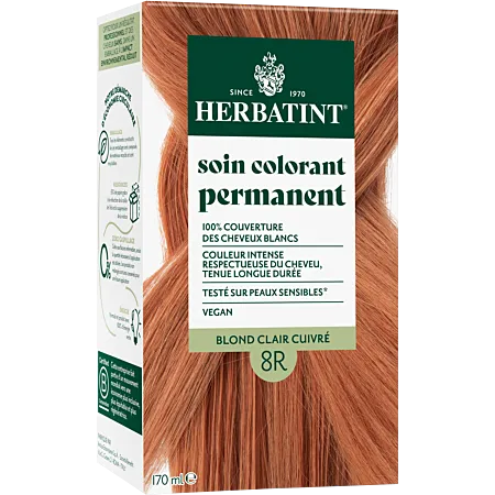 Coloration permanente Blond clair cuivré 8R Herbatint - kit 170 ml
