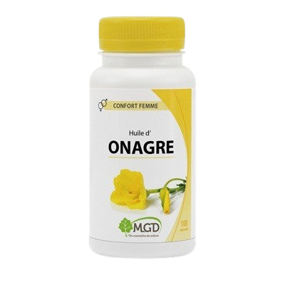 Flacon Huile d'Onagre Bio 100 capsules, complément pour équilibre hormonal et peau saine.