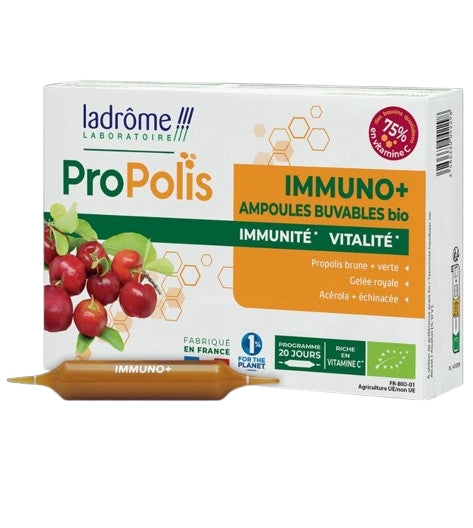 Boîte Ampoules Immuno+ Propolis Bio 20 ampoules Ladrôme, cure bio pour immunité et énergie.### Ampoules Immuno+ Propolis Bio – 20 Ampoules – Ladrôme