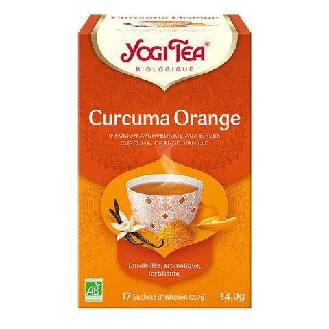 Boîte de 17 sachets d’Infusion Curcuma Orange Bio Yogi Tea, infusion ayurvédique dorée pour santé et sérénité.