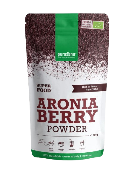 Sachet Poudre d’Aronia Bio 200 g Purasana – superaliment riche en fibres et antioxydants