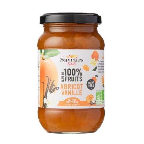 Pot Préparation Abricot Vanille 100% Fruits Bio 310g Saveurs et Fruits, produit fruité naturel sans sucre ajouté.