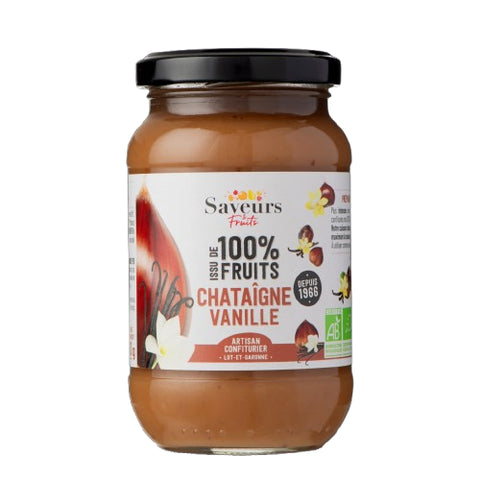 Pot Préparation Châtaigne Vanille 100% Fruits Bio 310g Saveurs et Fruits, produit fruité naturel sans sucre ajouté.