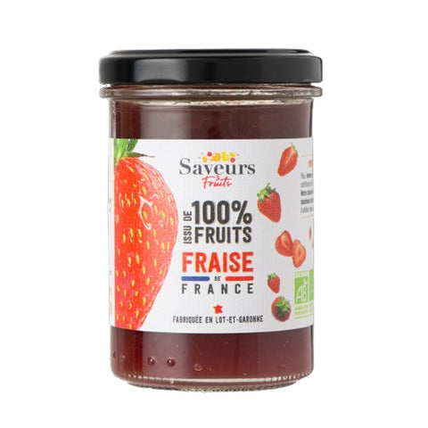 Pot Préparation Fraises aux Fruits Français Bio 230g Saveurs et Fruits, produit fruité naturel sans sucre ajouté.