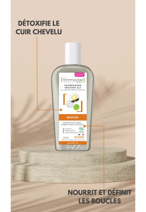 Flacon Shampoing 2 en 1 Cheveux Bouclés Bio 250 ml Dermaclay, soin lavant et traitant bio pour boucles.
details