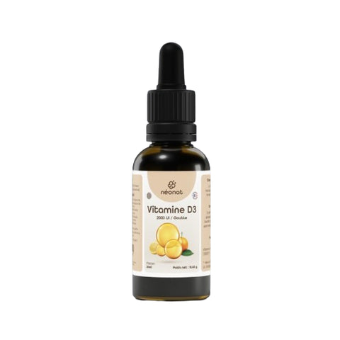 Flacon Vitamine D3 2000 UI Bio 30 ml Néonat, complément liquide végétal pour os et immunité.