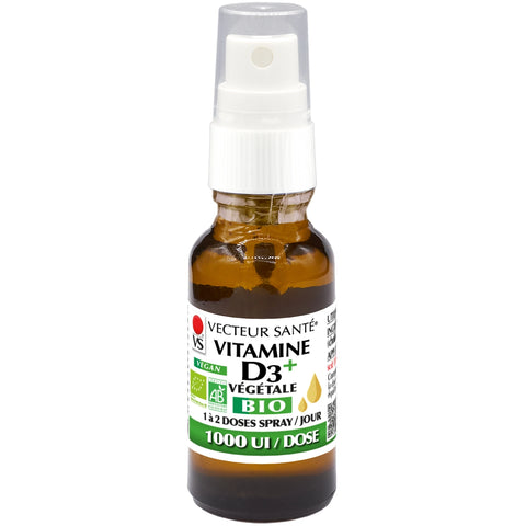 Flacon Vitamine D3+ Bio Spray 20 ml Vecteur Santé, complément D3 végétal pour immunité et os.