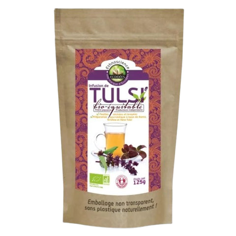 Sachet Infusion de Tulsi Bio 125 g Écoidées – tisane ayurvédique bio aux 3 variétés de Basilic Sacré.
