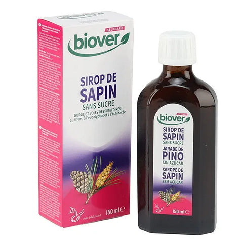Flacon Sirop de Sapin sans Sucre Bio 150 ml Biover, sirop bio pour gorge et voies respiratoires.