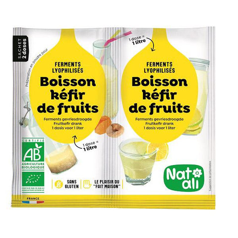 Pack Kéfir de Fruits Bio 2 × 5 g Natali – préparation lyophilisée pour boisson fermentée maison.
