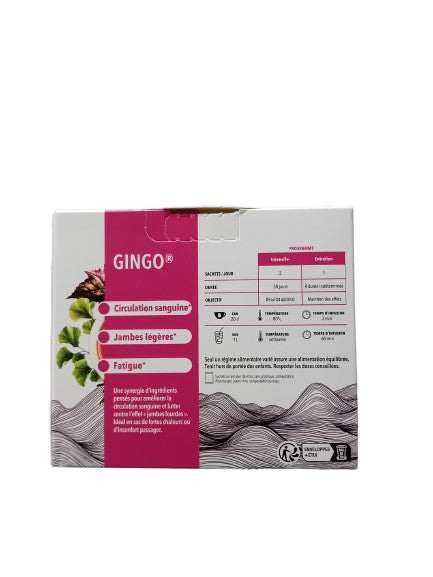 Boîte Gingo Bio 18 infusettes Thé de la Pagode, infusion circulation sanguine et jambes légères bio.

