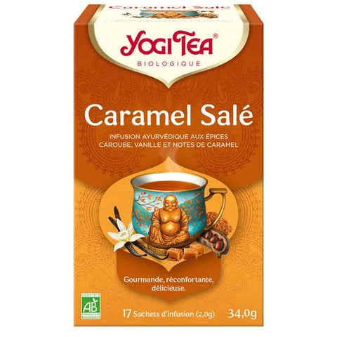 Boîte de 17 sachets d’Infusion Caramel Salé Bio Yogi Tea, infusion ayurvédique gourmande édition limitée pour humeur et esprit.

