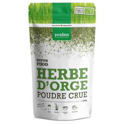 Sachet Poudre d'Herbe d'Orge Bio 200 g Purasana, superaliment vert detox alcalin.

