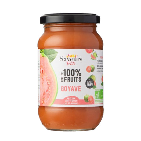 Pot Préparation Goyaves 100% Fruits Bio 310g Saveurs et Fruits, produit fruité naturel sans sucre ajouté.

