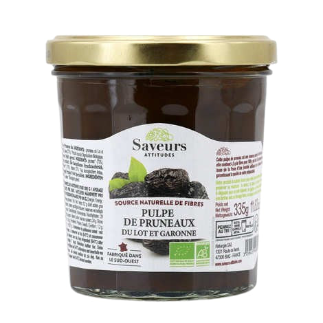 Pot Pulpe de Pruneaux Bio 335 g Saveurs et Fruits du Lot-et-Garonne – crème onctueuse bio artisanale prune d’Ente.

