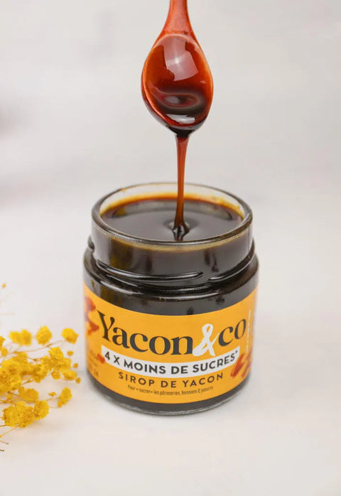 Bouteille Sirop de Yacon Bio 220 g Yacon & Co – sucrant naturel riche en fibres prébiotiques.

