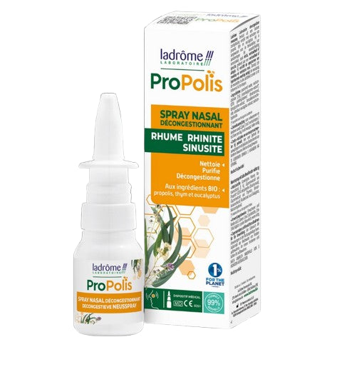Flacon Spray Nasal Décongestionnant à la Propolis Bio 20 ml Laboratoire Ladrôme, spray nasal bio pour hygiène et soulagement rhume.

