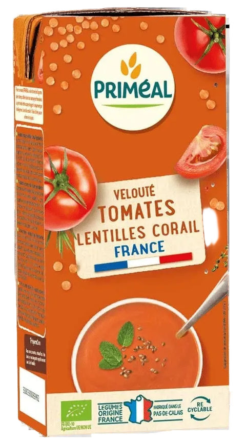 Brique Velouté Tomates & Lentilles Corail Bio 33 cl Priméal, soupe bio française riche en légumes.

