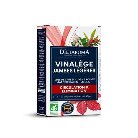 Flacon Vinalège Double Action Bio 45 comprimés Diétaroma, complément bio pour jambes légères et circulation.