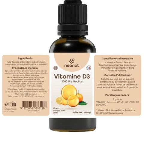 Flacon Vitamine D3 2000 UI Bio 30 ml Néonat, complément liquide végétal pour os et immunité.etiquette