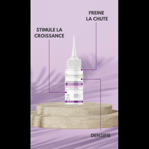 Flacon Sérum Anti-Chute Bio 50 ml Dermaclay, soin capillaire bio fortifiant et anti-chute.détails

