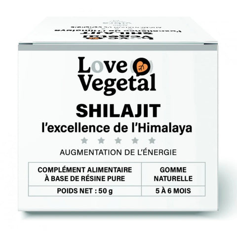 Pot Shilajit Résine Pure 50g Love Vegetal Vibra, complément himalayen 75% fulvic acid pour énergie et détox.

