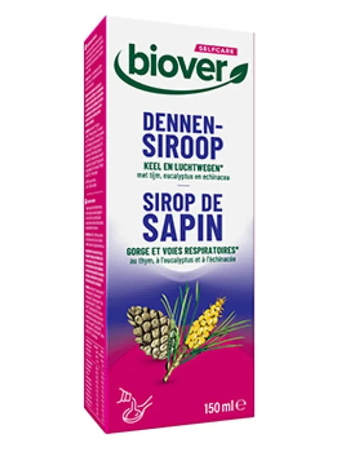 Flacon Sirop de Sapin sans Sucre Bio 150 ml Biover, sirop bio pour gorge et voies respiratoires.

